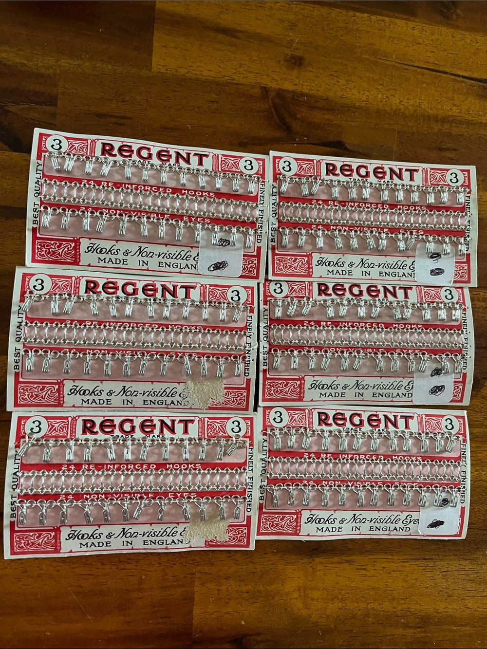NOS Vtg REGENT Metal Sewing Hooks & Eyes Fasteners Made In England X6 Cards/Pkgs